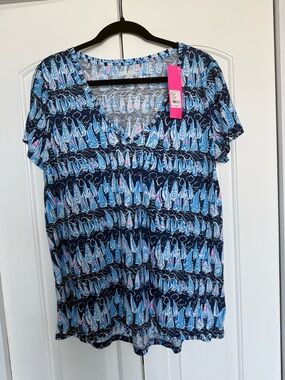 Lilly Pulitzer Navy Blue Sailboat Print V-Neck Etta top NWT size L